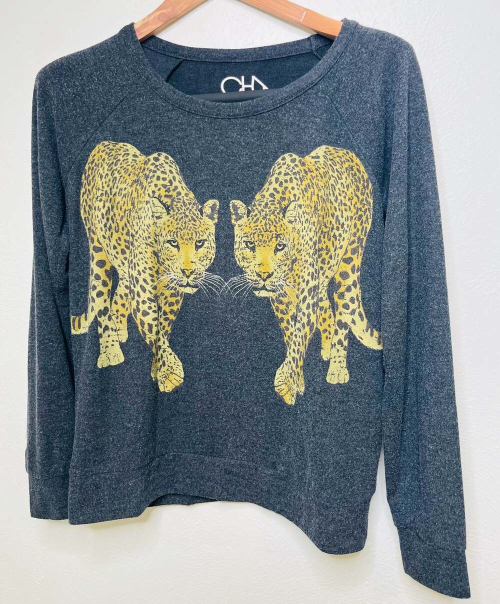 Chaser Heather Grey Leopard Print Crew Neck Pullover Sweatshirt